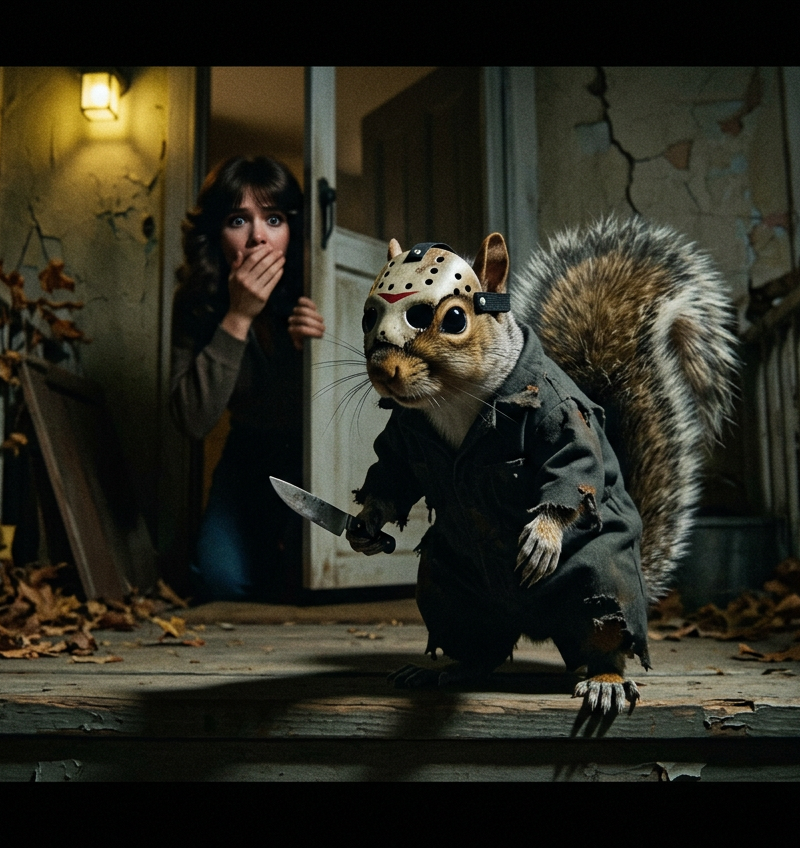 Screenshot from a well known horror movie but it's a squirrel instead of the kil
