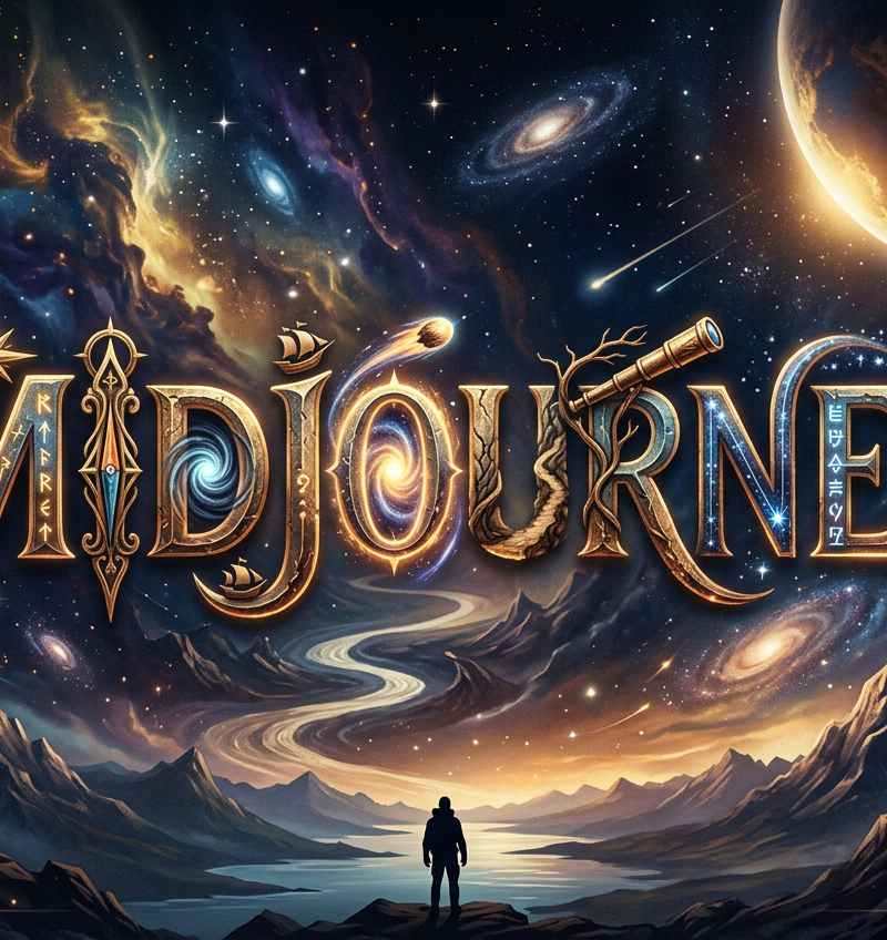 Based on the word “[Midjourney],” design an original decorative cinematic title 