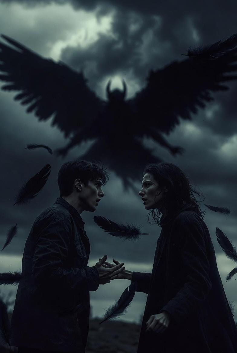 Two people beginning to argue while black feathers drift through the air, storm 