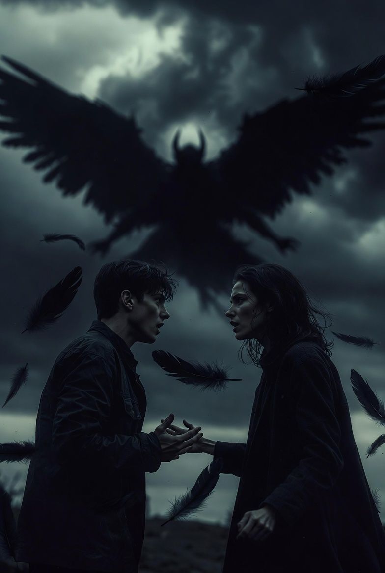 Two people beginning to argue while black feathers drift through the air, storm