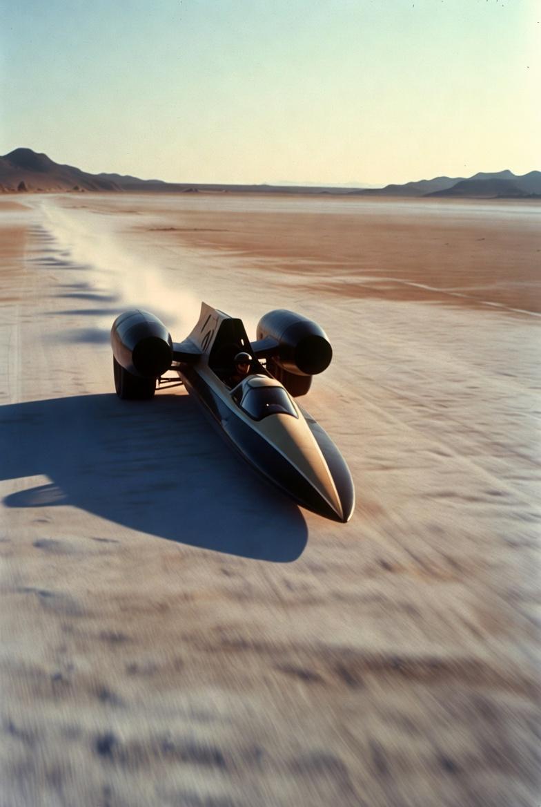 Thrust SSC supersonic land speed record car racing across the desert salt flat, 