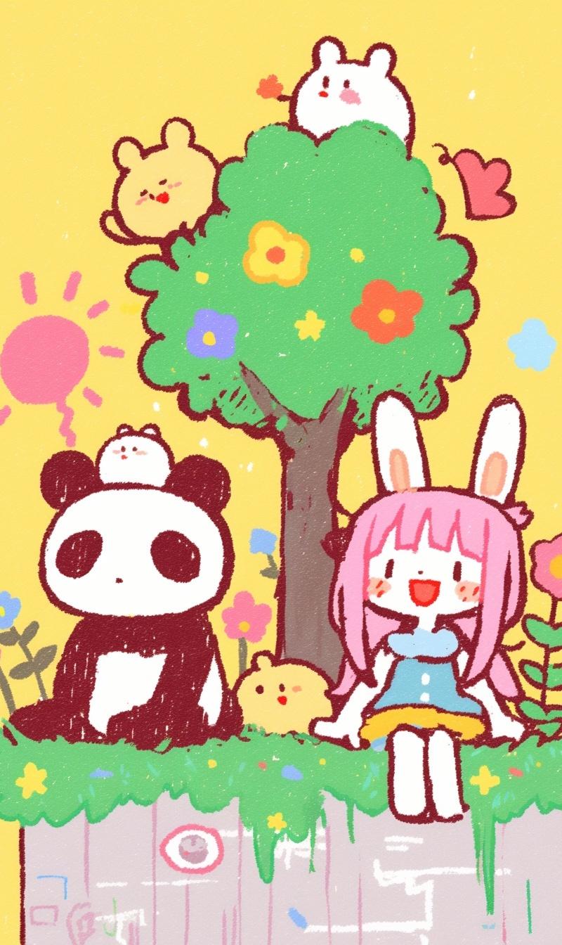 adorable panda and rabbit sitting on pile of gold coins with fireworks and bloom