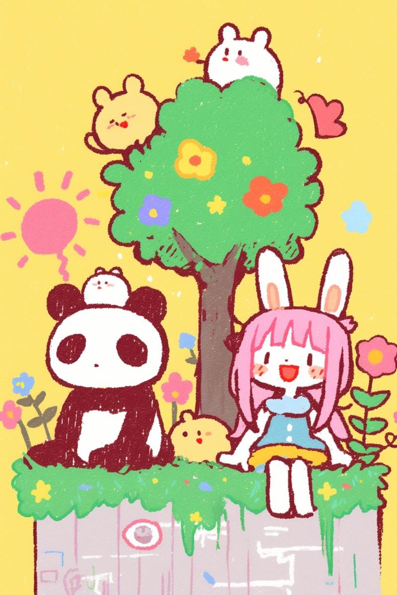 adorable panda and rabbit sitting on pile of gold coins with fireworks and bloom