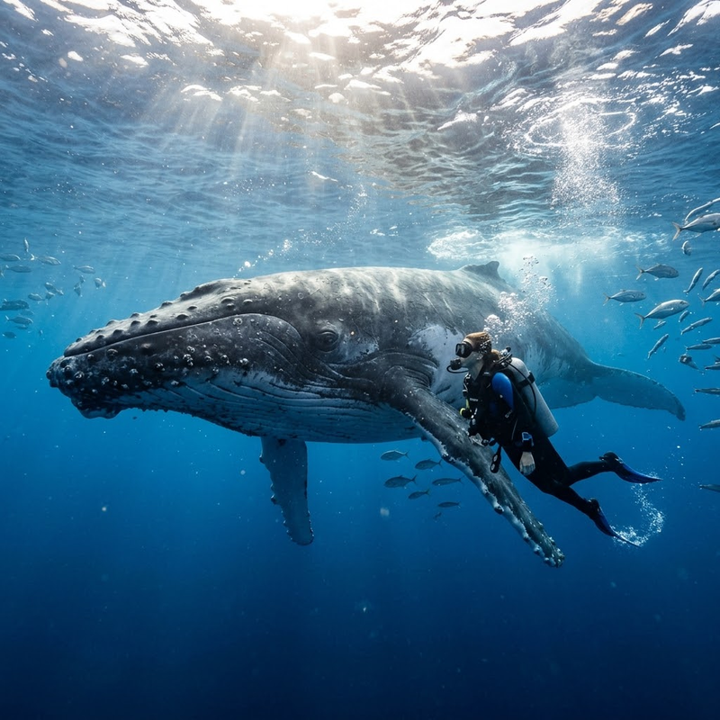 Diver swimming underwater encountering a huge gentle whale, clear blue seawater,