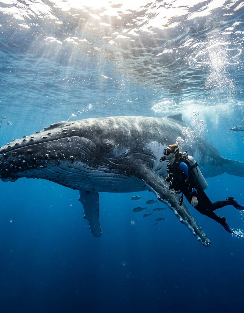 Diver swimming underwater encountering a huge gentle whale, clear blue seawater,