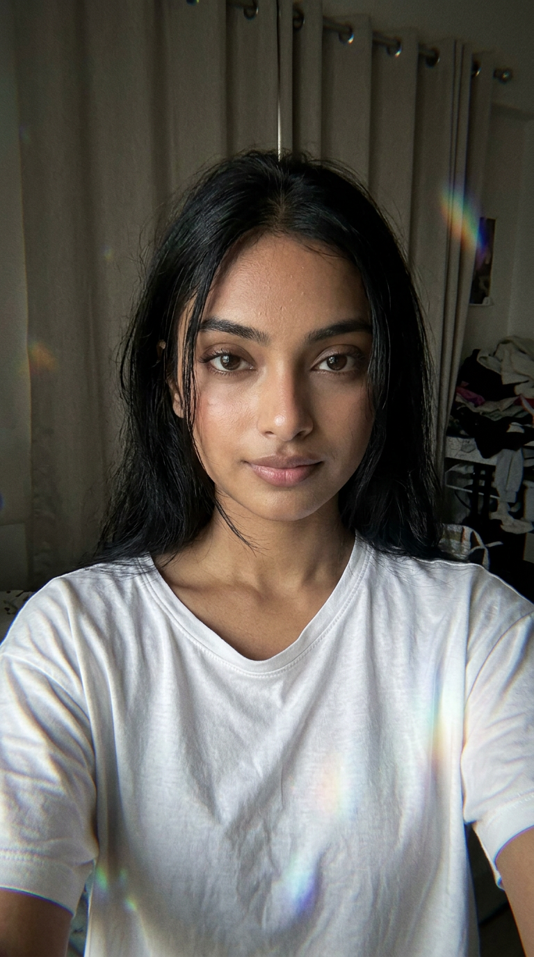 A dimly lit, ordinary room with plain-colored curtains as the background