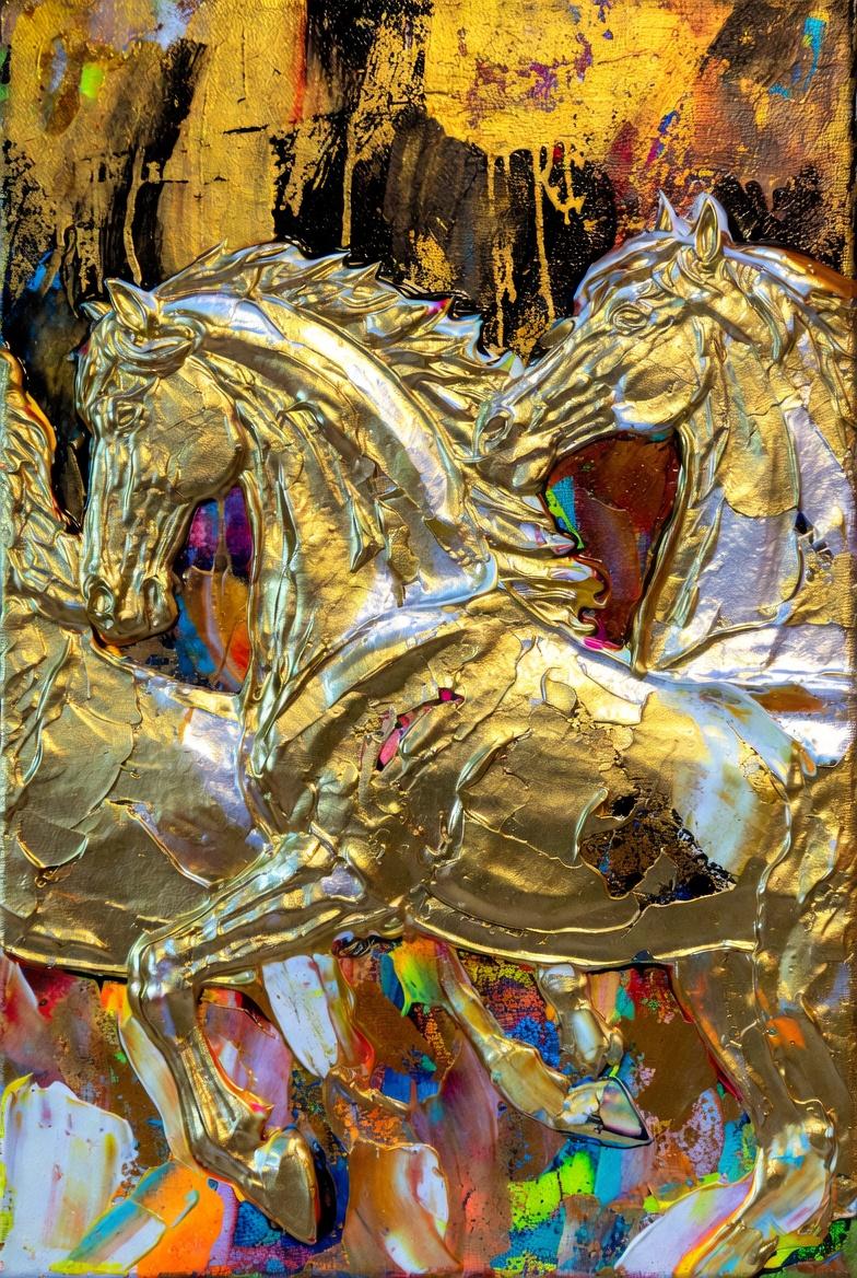 close-up, Abstract very textured painting of horses with metallic gold and silve