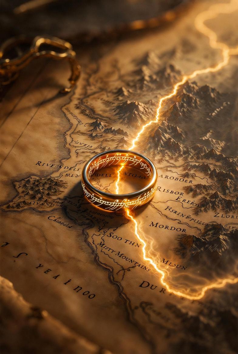 the One Ring placed on a detailed Middle-earth map with a glowing path drawn acr