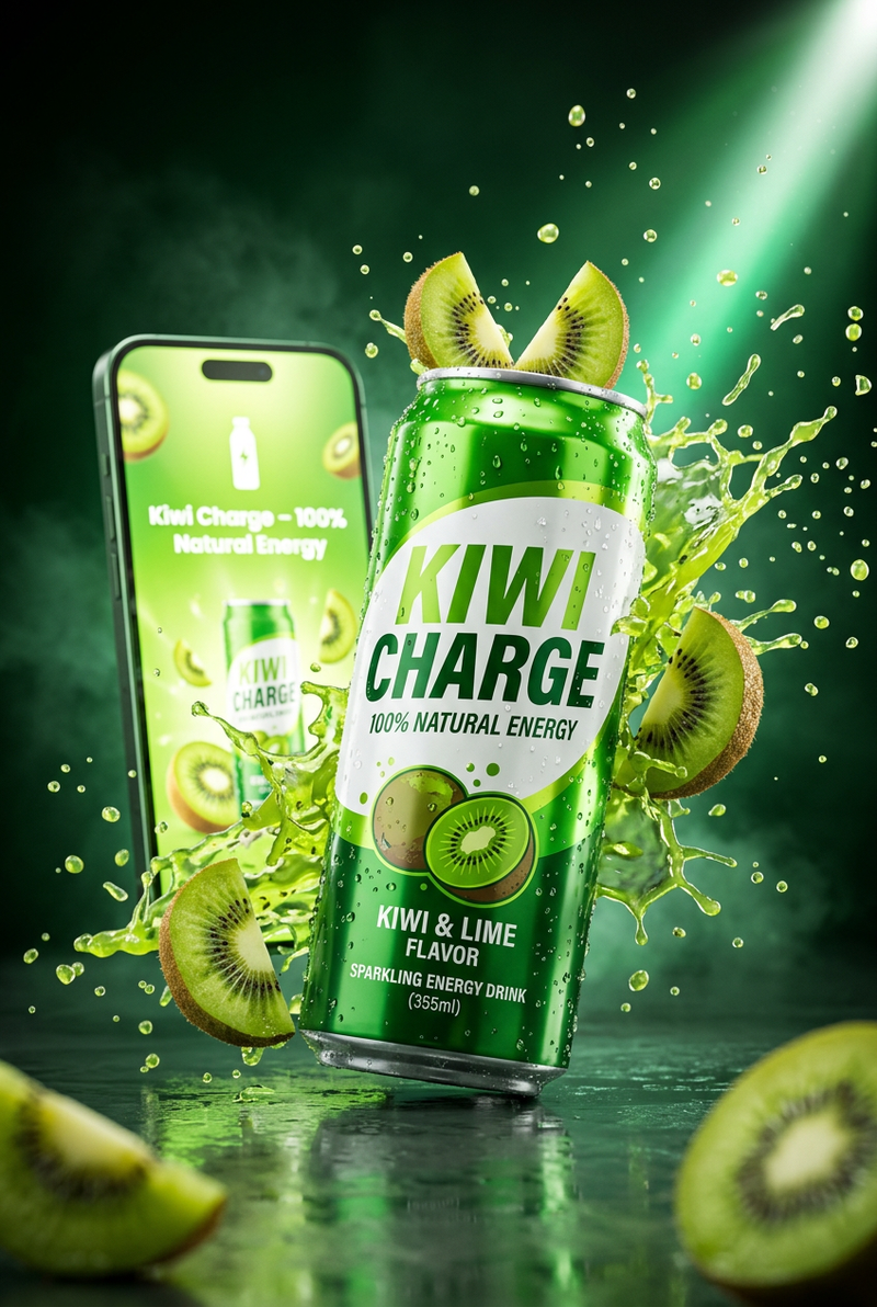 High-end product advertising shot of a vibrant green energy drink can labeled “K
