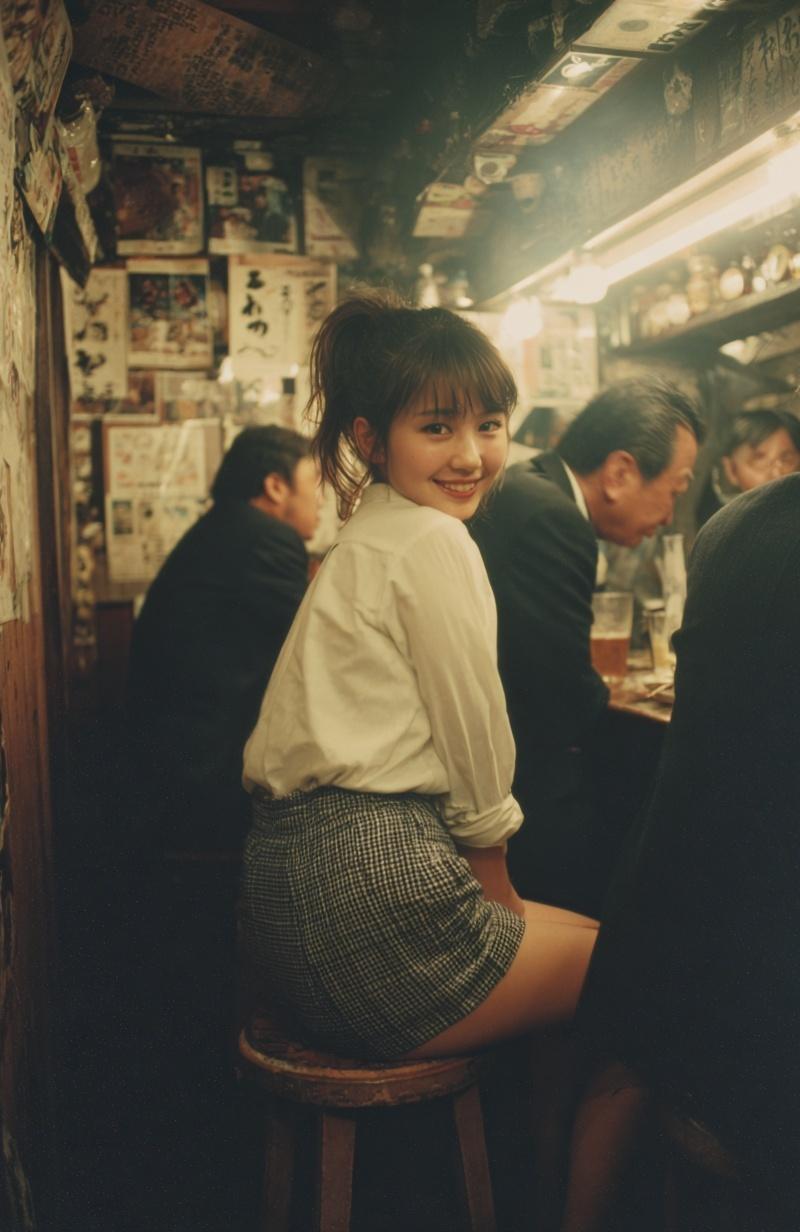 a young beautiful sweet smiling Asian woman with soft brown hair tied loosely in