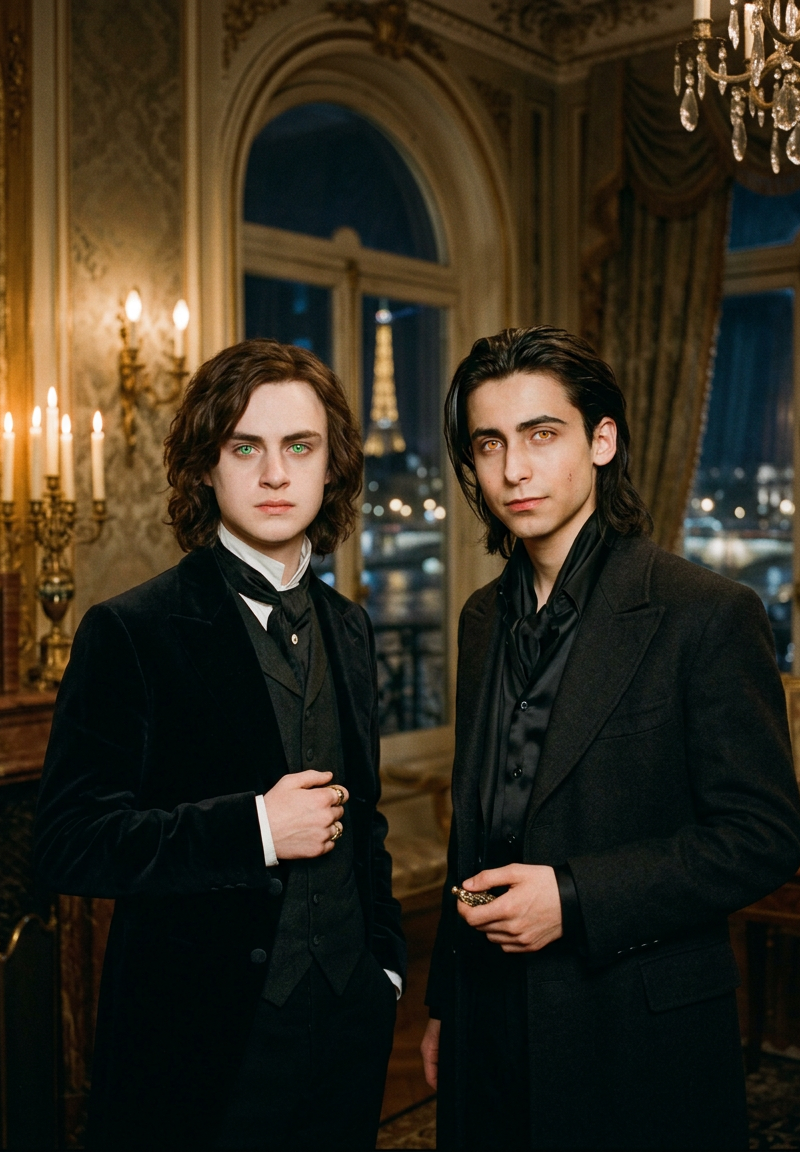 Jaeden Martell as Louis de Pointe du long, shoulder-length brown hair, brilliant