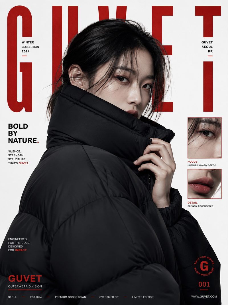 A bold fashion editorial poster featuring a young woman model in a close-up half