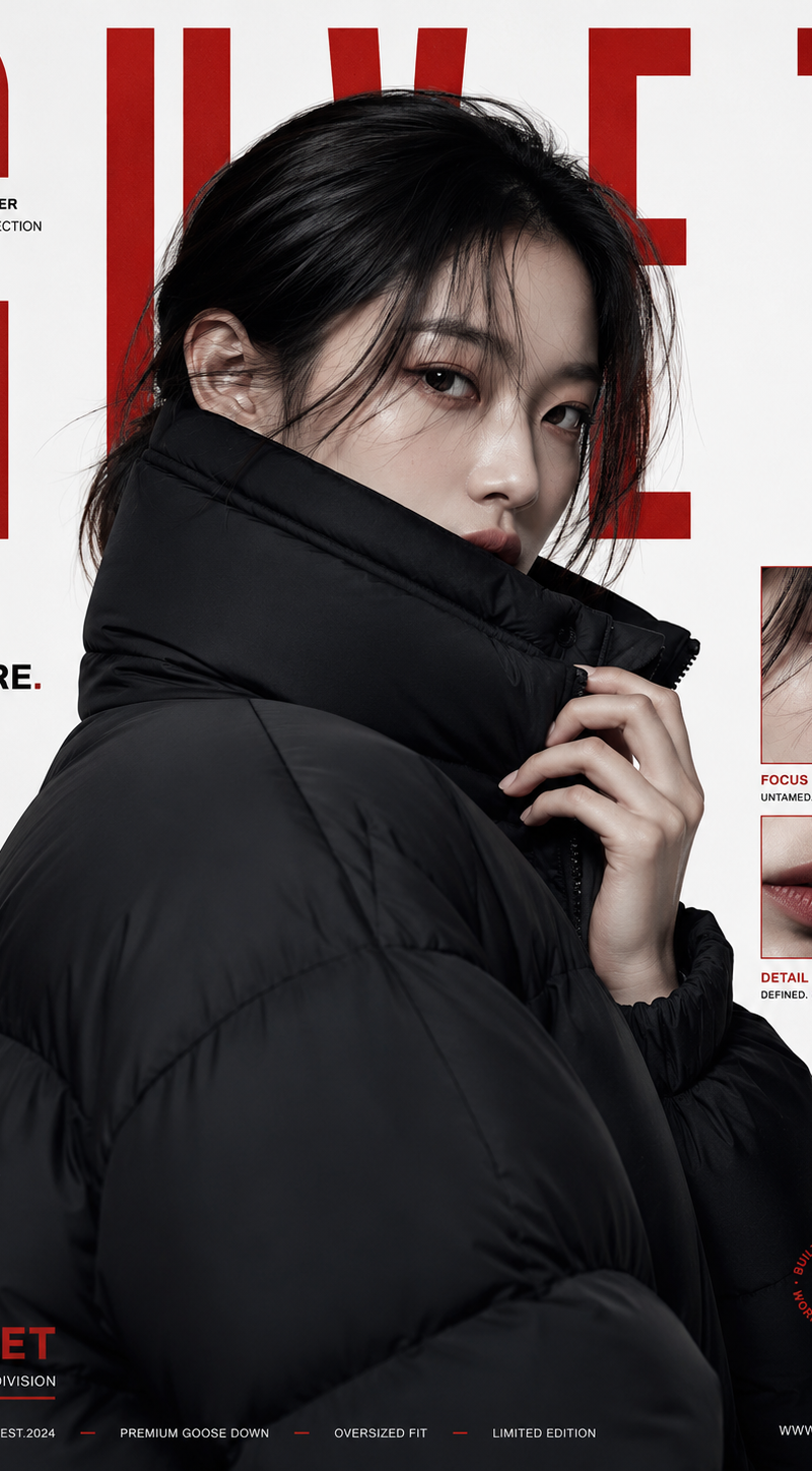 A bold fashion editorial poster featuring a young woman model in a close-up half