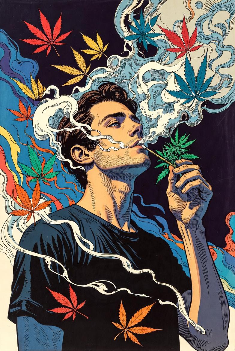 a man smoking cannabis, surrounded by clouds of smoke and colorful leaves, in th