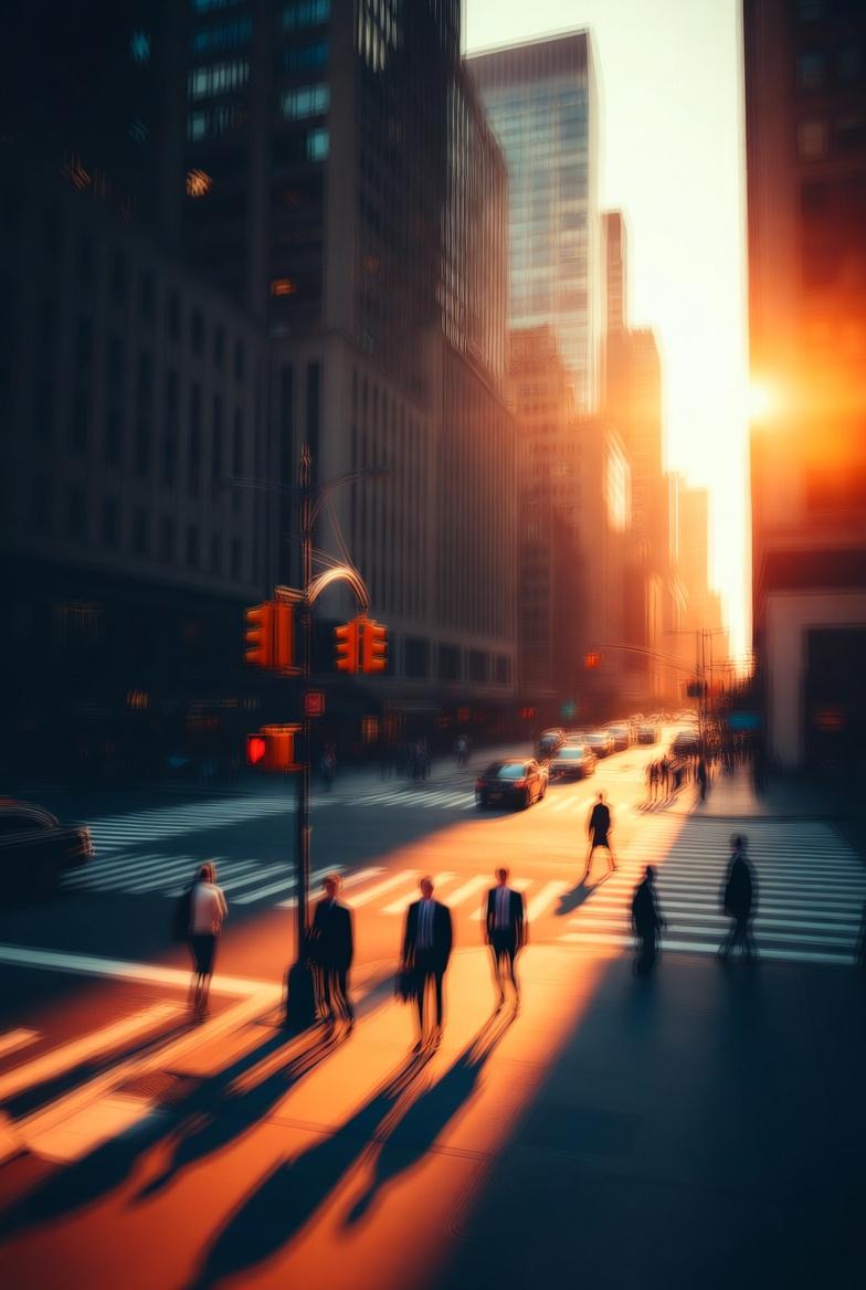 a telephoto photograph of a clean but busy intersection of professionals walking
