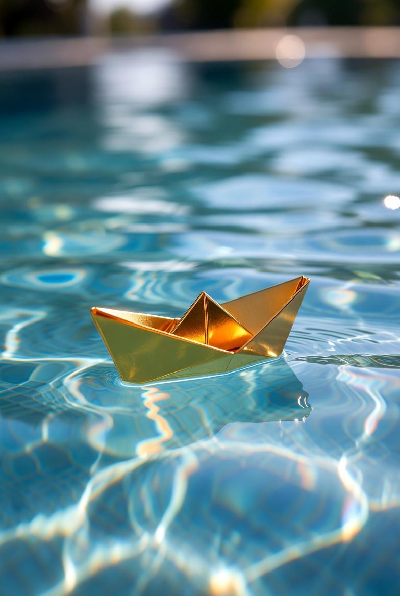 A small origami paper boat made of reflective gold foil floating gently on the s