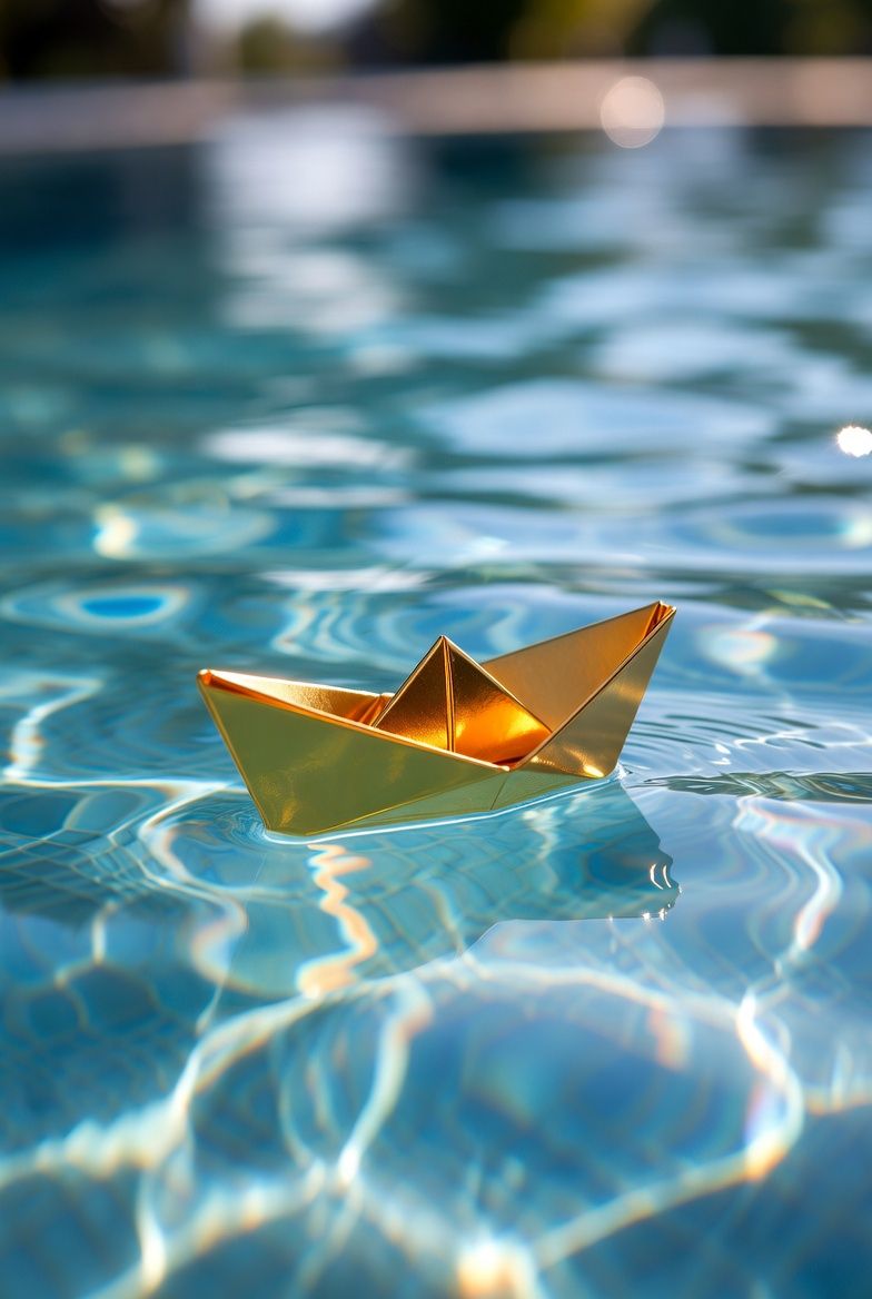 A small origami paper boat made of reflective gold foil floating gently on the s