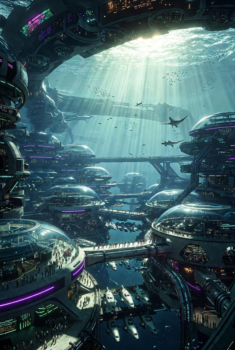 A majestic wide-angle, hyper-realistic photograph of a sprawling futuristic unde
