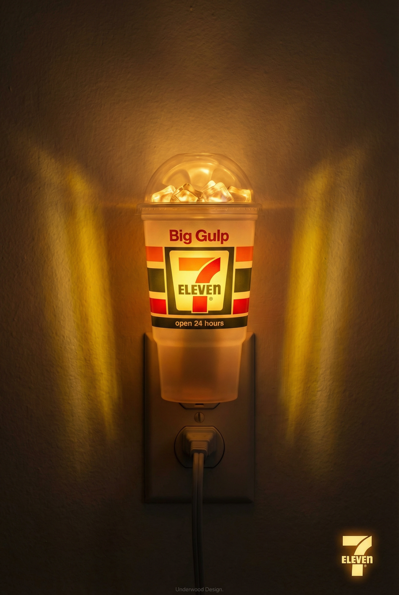 The creative poster features a 7-Eleven Big Gulp cup transformed into a nightlig
