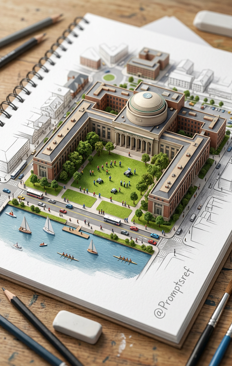 A hyper-realistic 3D miniature diorama of the Massachusetts Institute of Technol