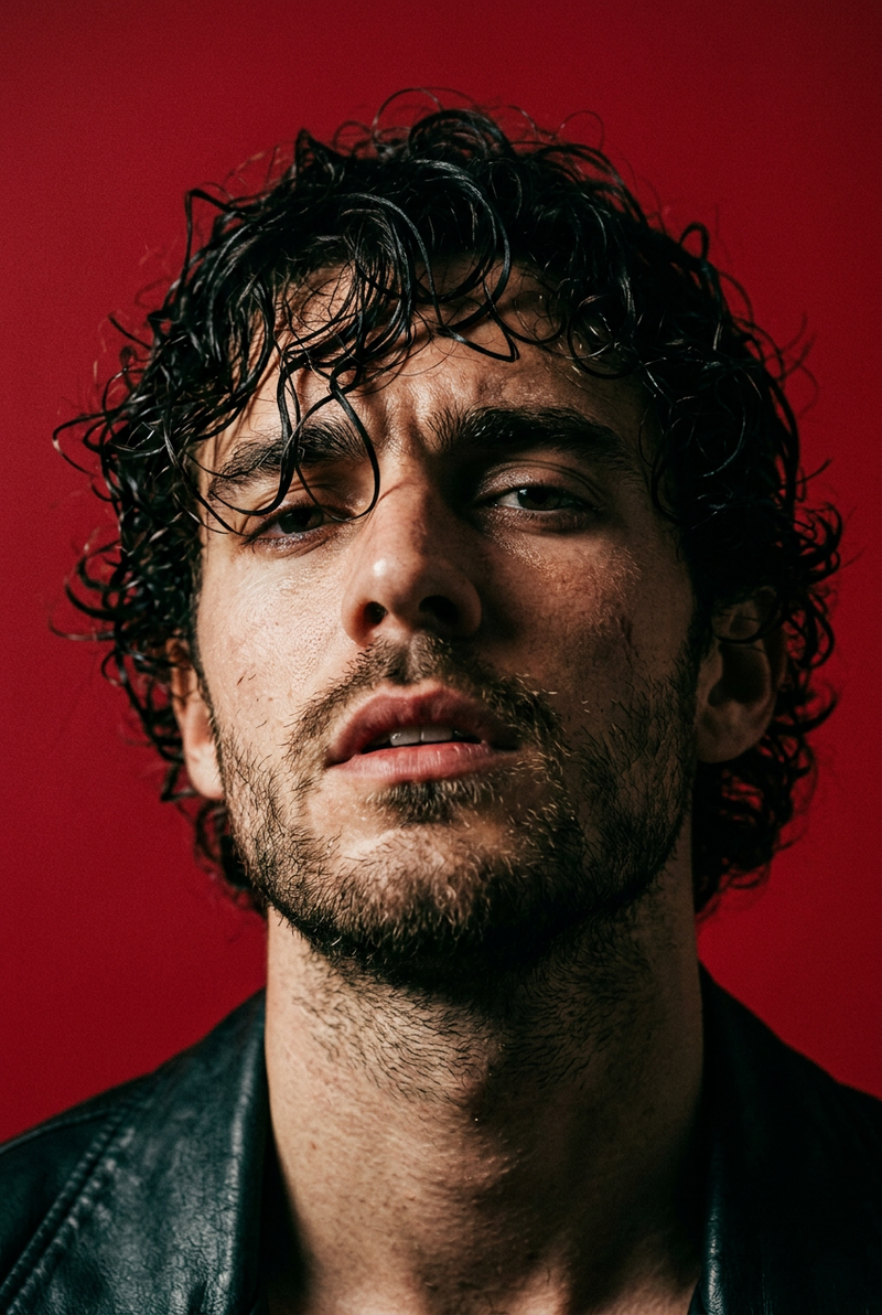 cinematic editorial close-up portrait of a young man, low-angle shot with his he