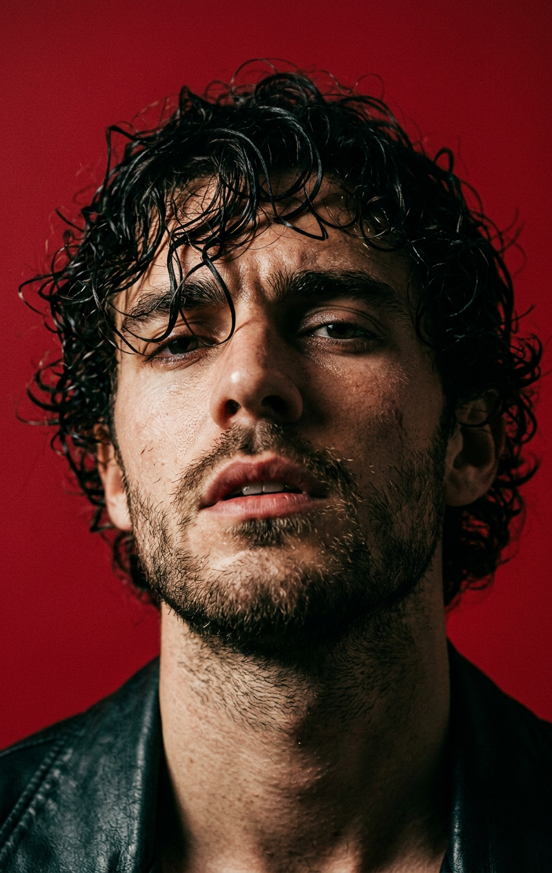 cinematic editorial close-up portrait of a young man, low-angle shot with his he
