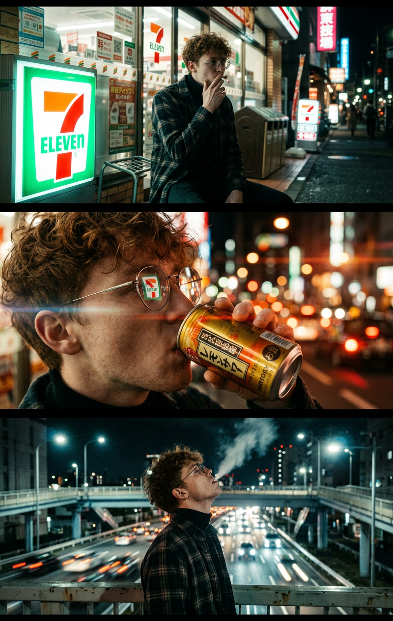 A vertical triptych of three cinematic, night-time urban photographs featuring a