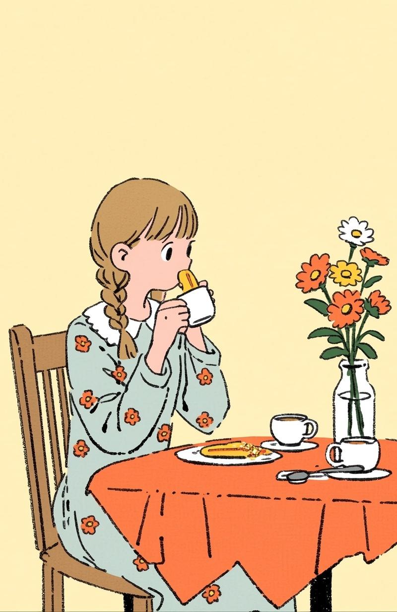 a cute girl with braided hair is sitting at the table and eating breakfast, vint