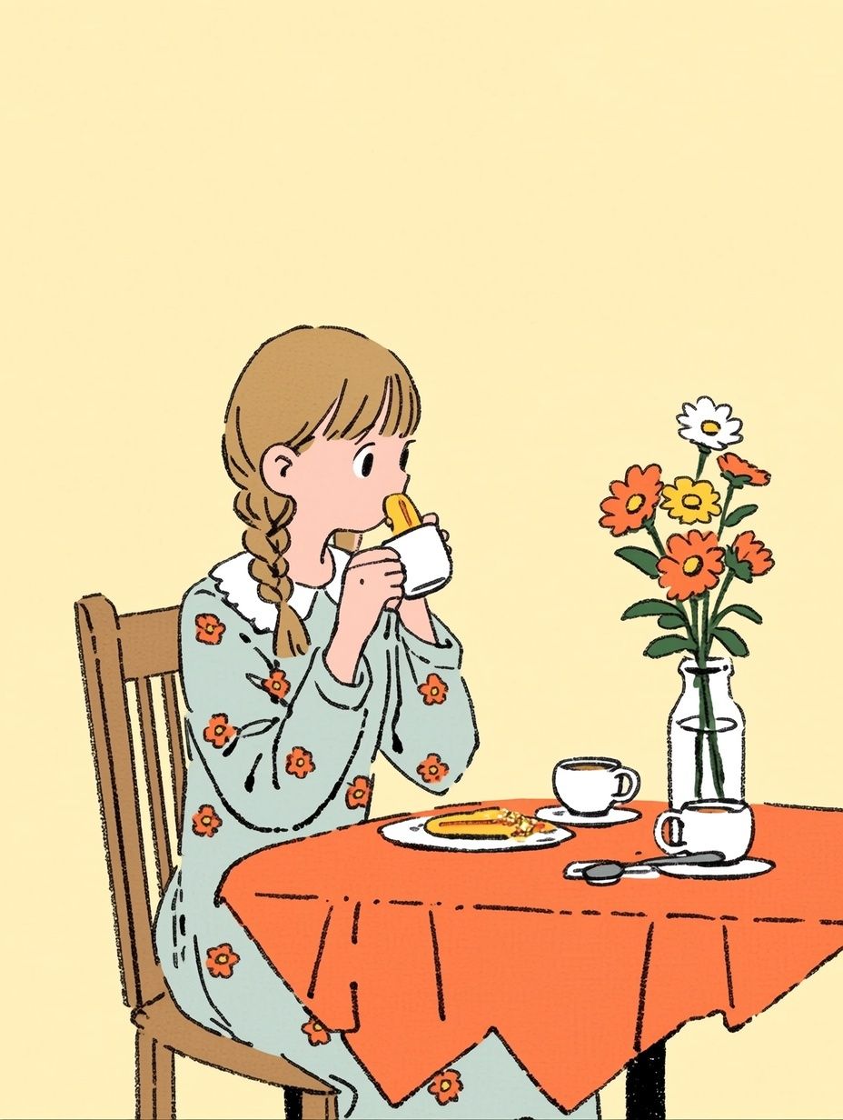 a cute girl with braided hair is sitting at the table and eating breakfast, vint