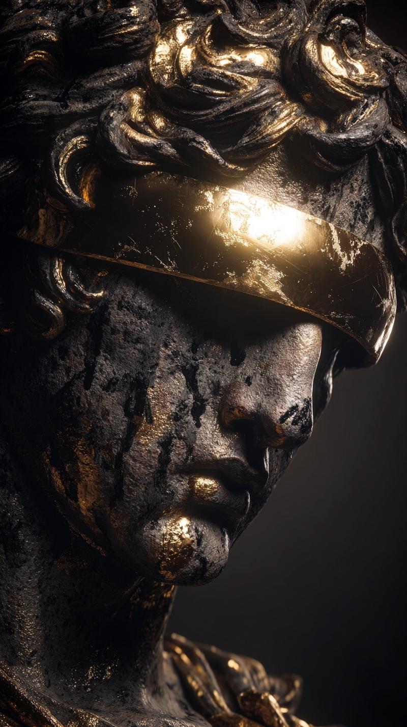 Close up on an old greek male statue covered in grafitti and gold