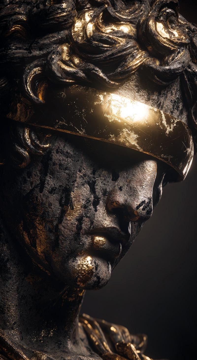 Close up on an old greek male statue covered in grafitti and gold