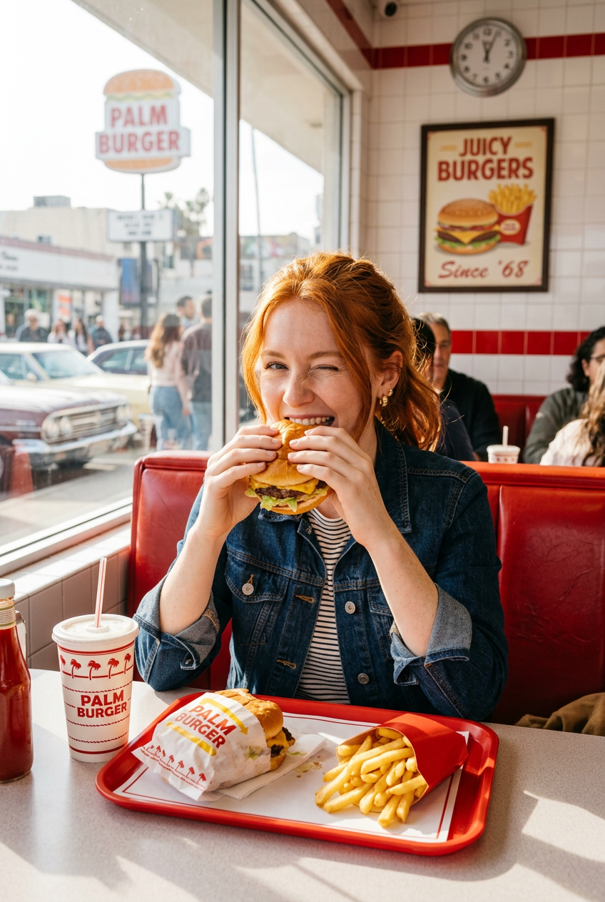 { "prompt": "A young red-haired woman sitting inside a bright retro-style fast f