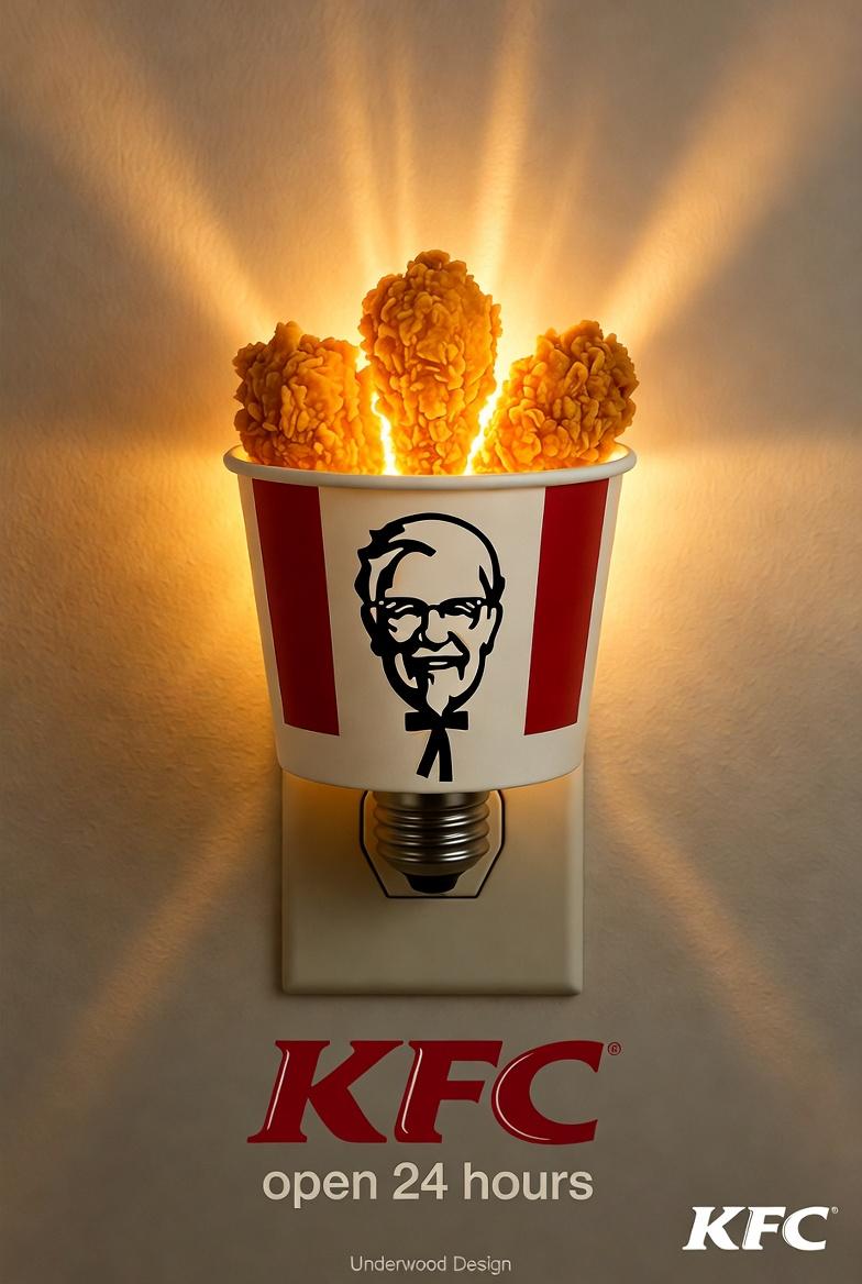 The creative poster places a KFC bucket transformed into a nightlight at the cen