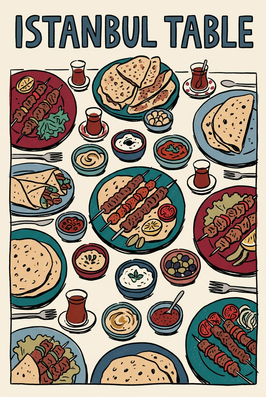 Naive editorial illustration, top-down view of a table filled with Turkish dishe