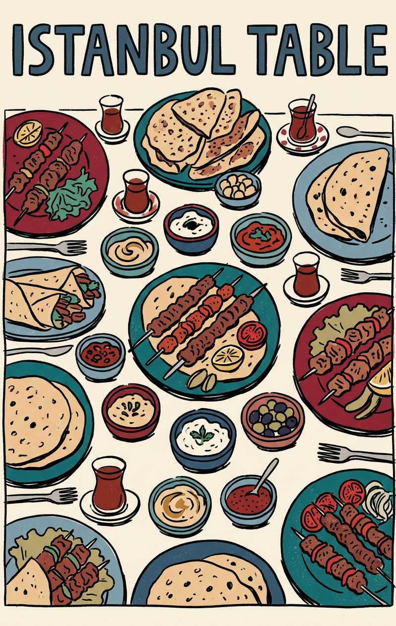 Naive editorial illustration, top-down view of a table filled with Turkish dishe