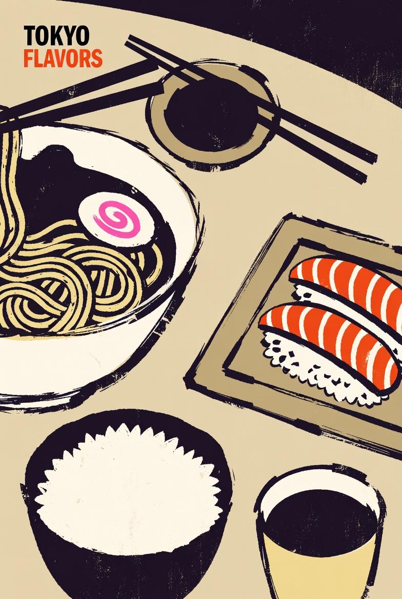 Editorial illustration, top-down view of a table full of Japanese dishes, ramen