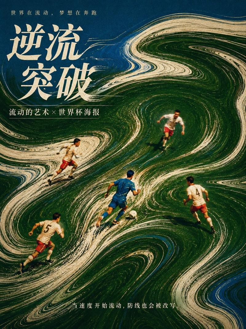 流动艺术 × 世界杯海报 × AI提示词分享： 把一个普通的“世界杯 / 足球比赛”主题， 做成一组更有流动感的中文概念海报。 不是普通体育海报...