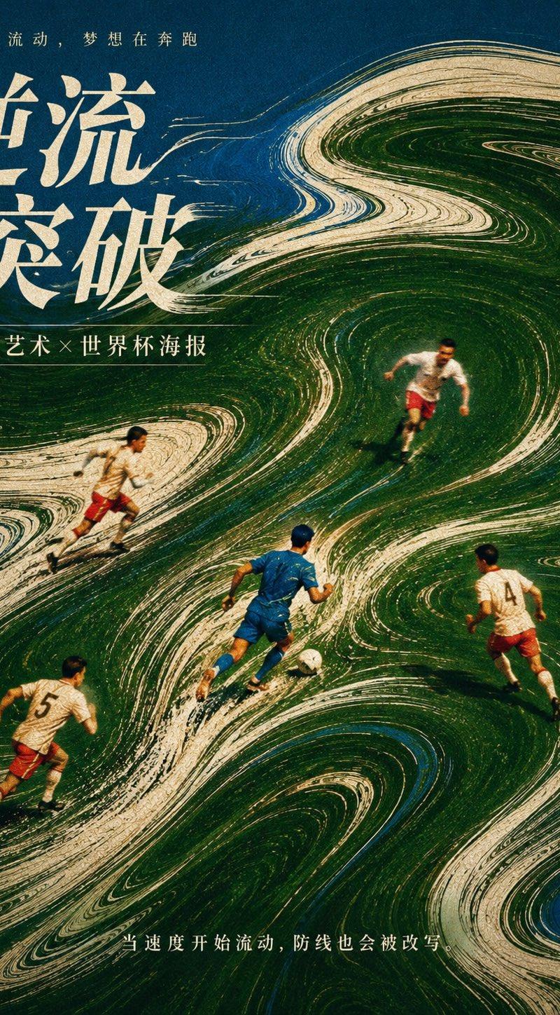 流动艺术 × 世界杯海报 × AI提示词分享： 把一个普通的“世界杯 / 足球比赛”主题， 做成一组更有流动感的中文概念海报。 不是普通体育海报...