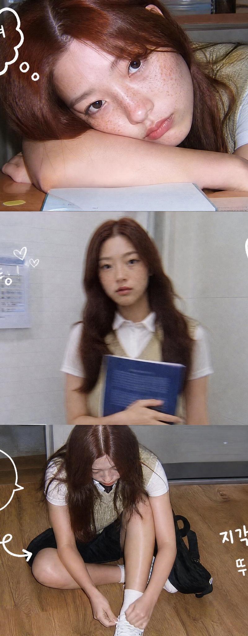 {"layout":"vertical 3-panel college photo strip","subject":"长发女孩穿着米色针织背心...