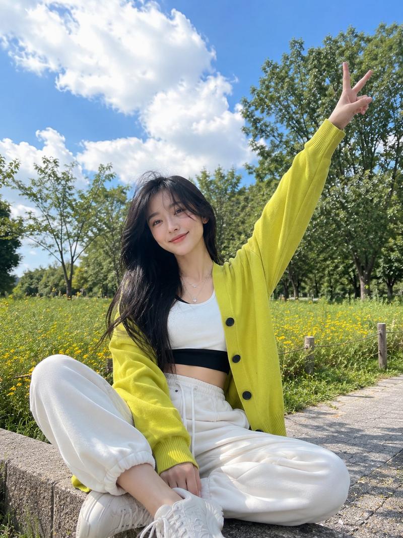 一位开朗年轻女子坐在郁郁葱葱公园里的混凝土边缘上的超现实户外生活肖像，她双臂张开，摆出无忧无虑的姿势，一只手比着和平手势。她有着长长的飘逸黑发，...
