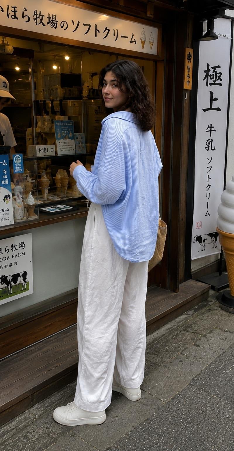 一张真实自然的旅行照片,描绘一位年轻女子站在一家传统日本软冰淇淋店外,回头越肩对着镜头微笑。她留着齐肩深色波浪发,穿着宽松的浅蓝色条纹纽扣衬衫、...