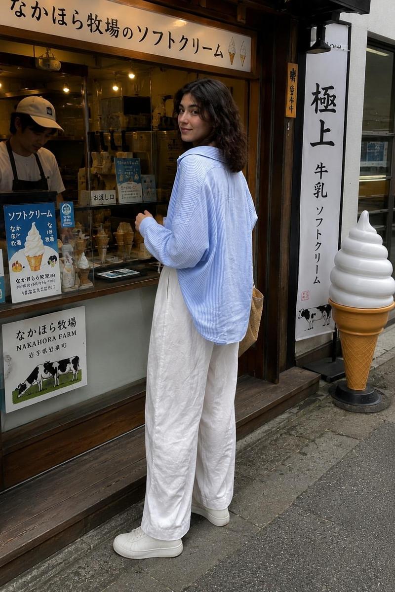 一张真实自然的旅行照片,描绘一位年轻女子站在一家传统日本软冰淇淋店外,回头越肩对着镜头微笑。她留着齐肩深色波浪发,穿着宽松的浅蓝色条纹纽扣衬衫、...