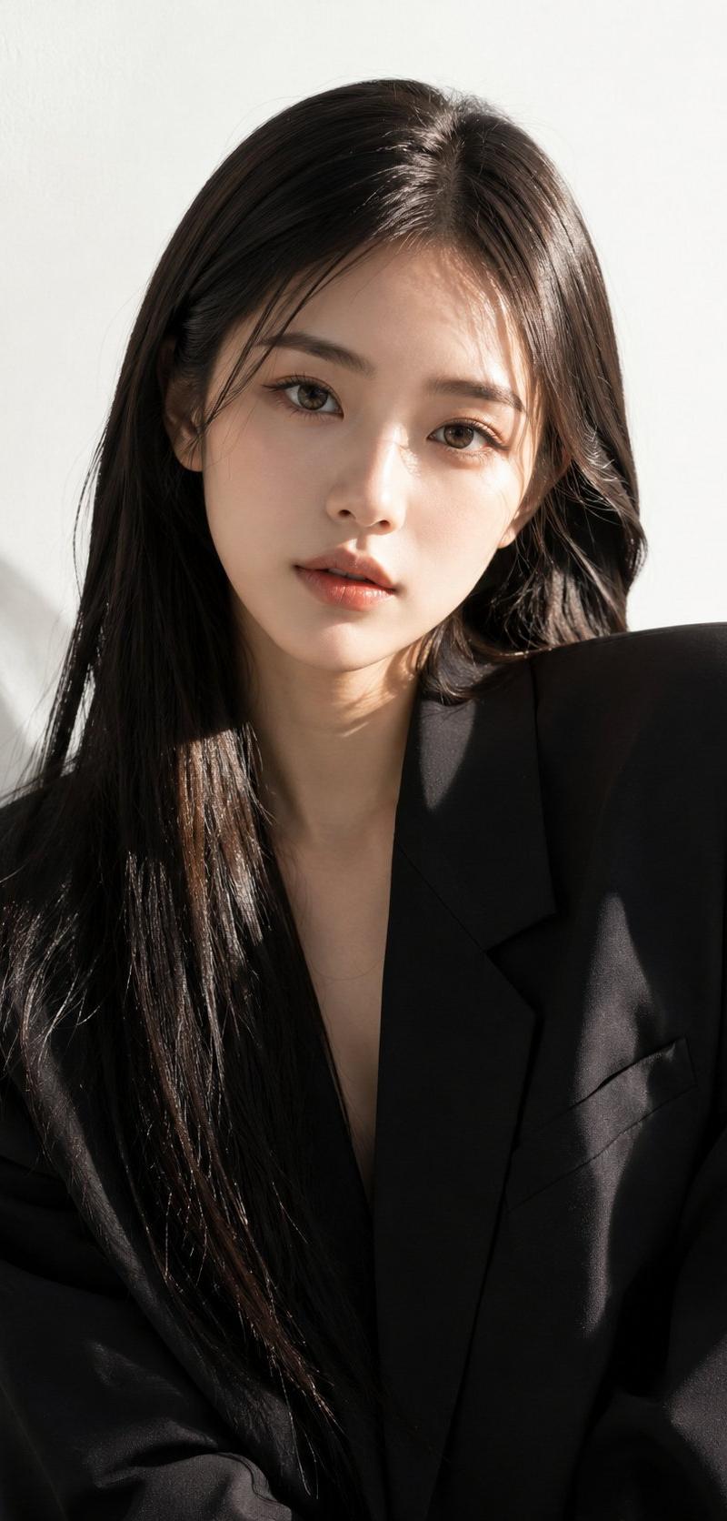 使用参考图像中的女孩，并精确保留她的脸部、身份、比例和整体外观。超现实主义9:16胸部以上编辑肖像。她坐着，头部略微倾斜，直视镜头，表情平静而自...