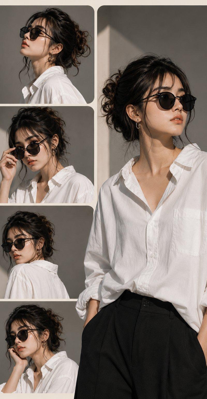 Create a stylish editorial fashion collage featuring the same young woma...
