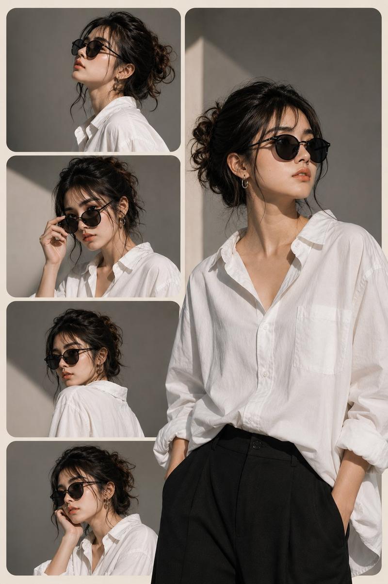 Create a stylish editorial fashion collage featuring the same young woma...