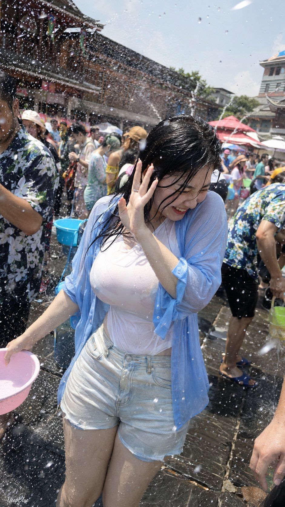 竖版写实 iPhone 手机抓拍人像,一位年轻成年东亚女性在夏日泼水节现场,被朋友随手拍下的热闹瞬间。人群、水花、彩色水盆和湿润石板路充满背景,...