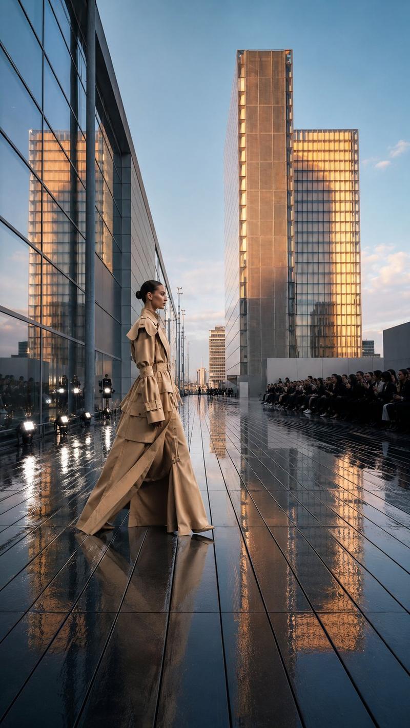 GPT Image 2 on ChatGPT 提示 一位年轻成年女性模特站在现代城市建筑广场中央，正面朝向镜头，几乎全身入镜，位于画面正中，采用...
