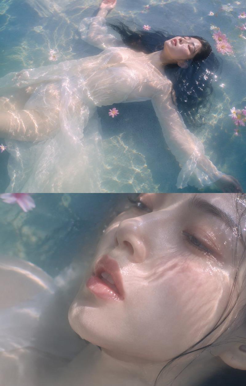 真人摄影，梦幻朦胧感、水波折射、湿润反光、轻微胶片颗粒。上下双画面拼接的水中人像写真：上半部高机位俯拍远景，年轻美女穿白色轻薄衣裙仰面漂浮在浅水...