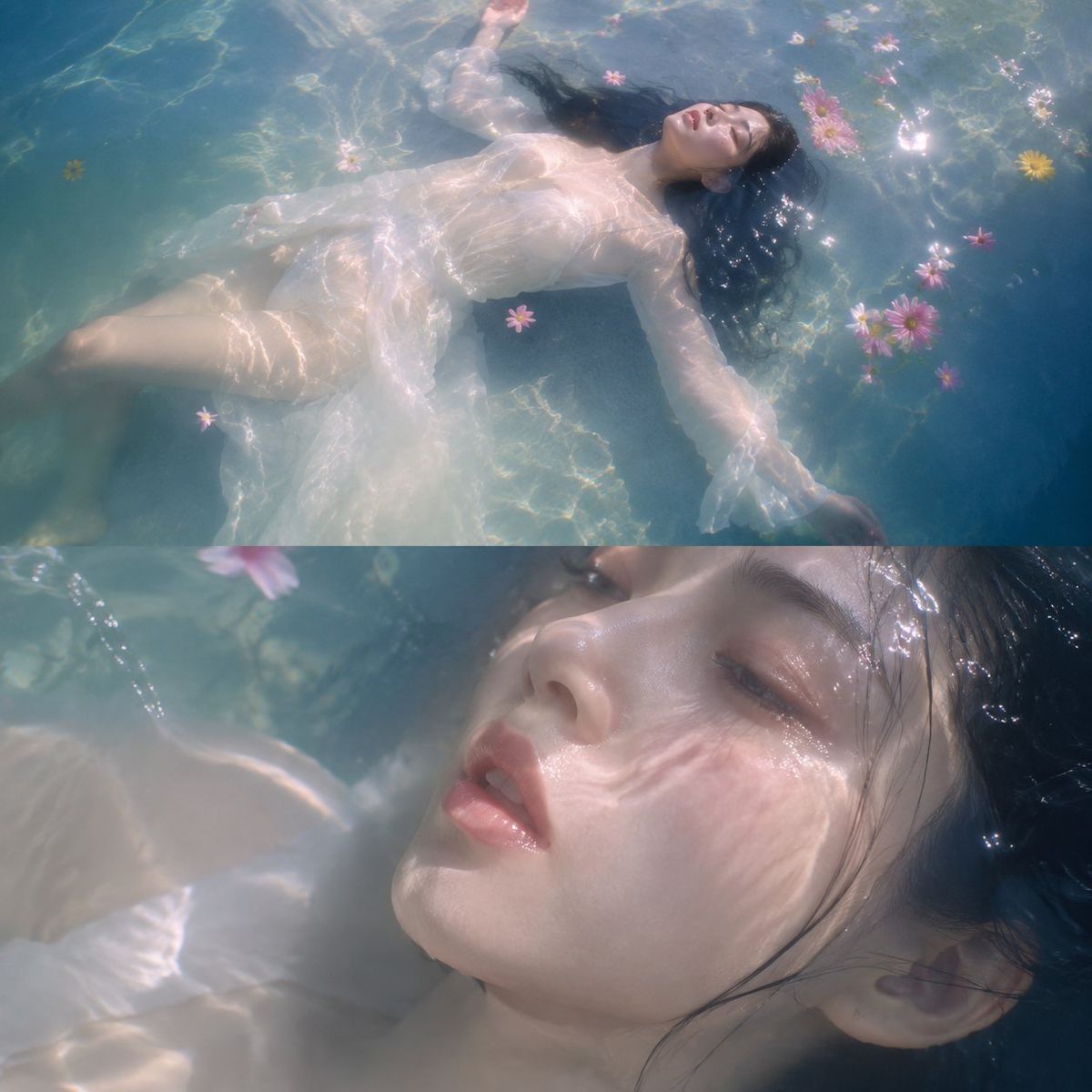 真人摄影，梦幻朦胧感、水波折射、湿润反光、轻微胶片颗粒。上下双画面拼接的水中人像写真：上半部高机位俯拍远景，年轻美女穿白色轻薄衣裙仰面漂浮在浅水...