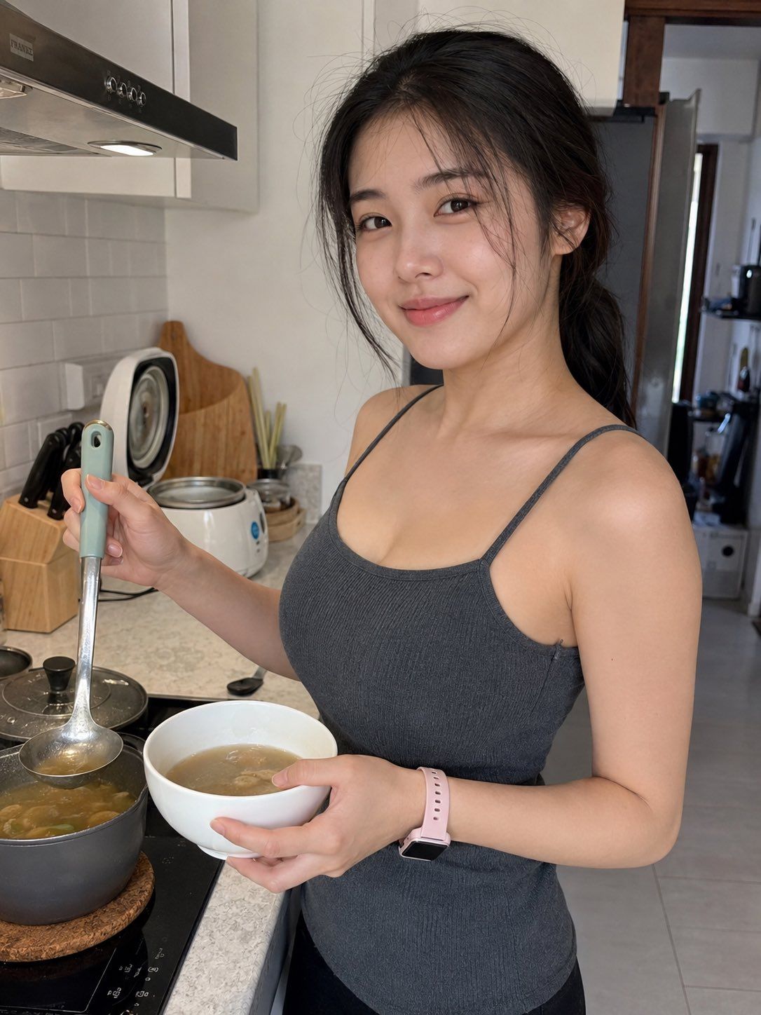 一张真实的、超现实的智能手机快照，捕捉一位迷人的年轻东亚女性在明亮现代厨房中准备家常饭菜的瞬间。她拥有光滑白皙的皮肤，带有自然纹理，富有表现力的...